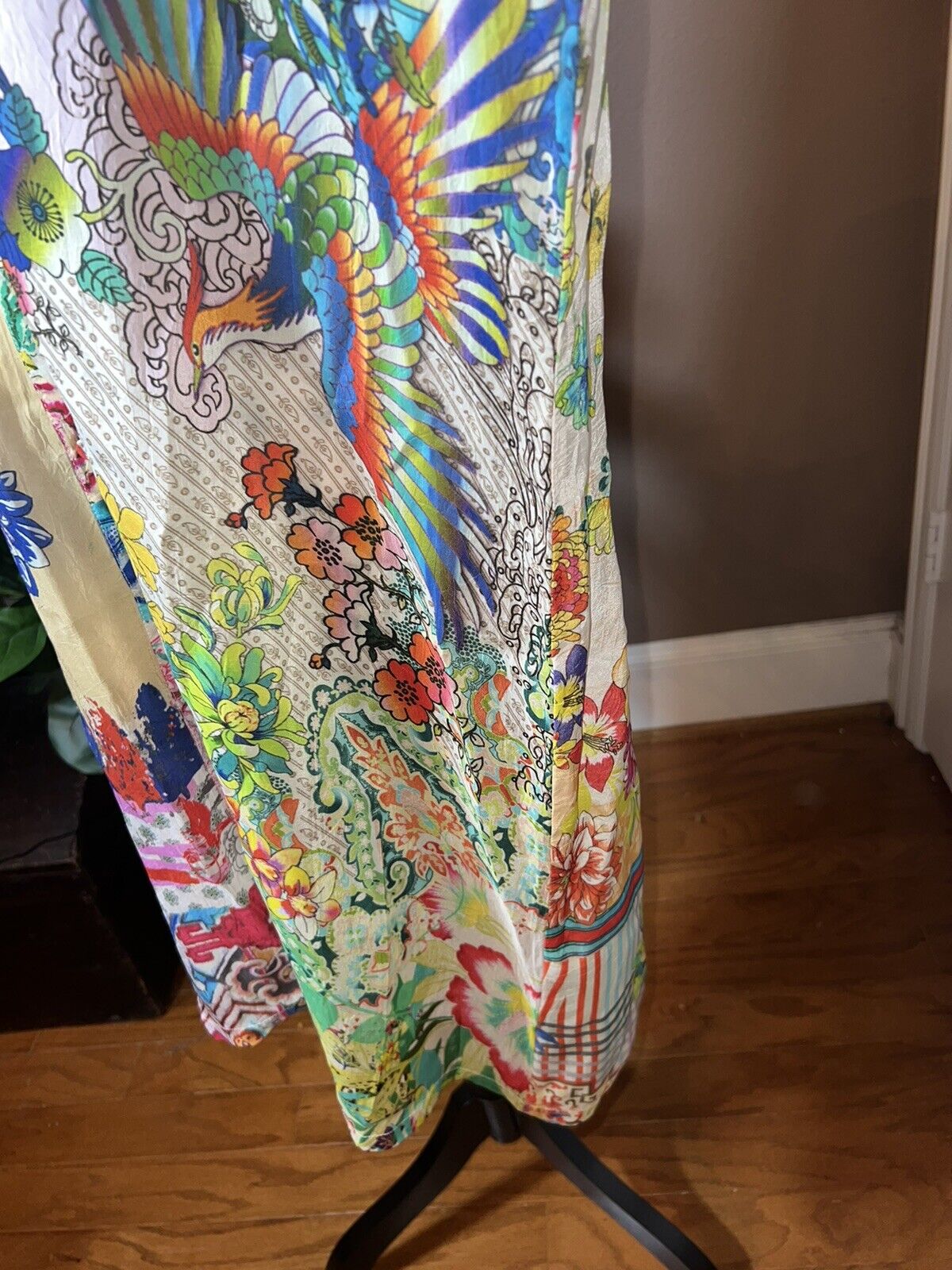 Johnny Was Silky Floral & Phoenix Long Sleeve Tunic Top Mini Dress L  Kimono