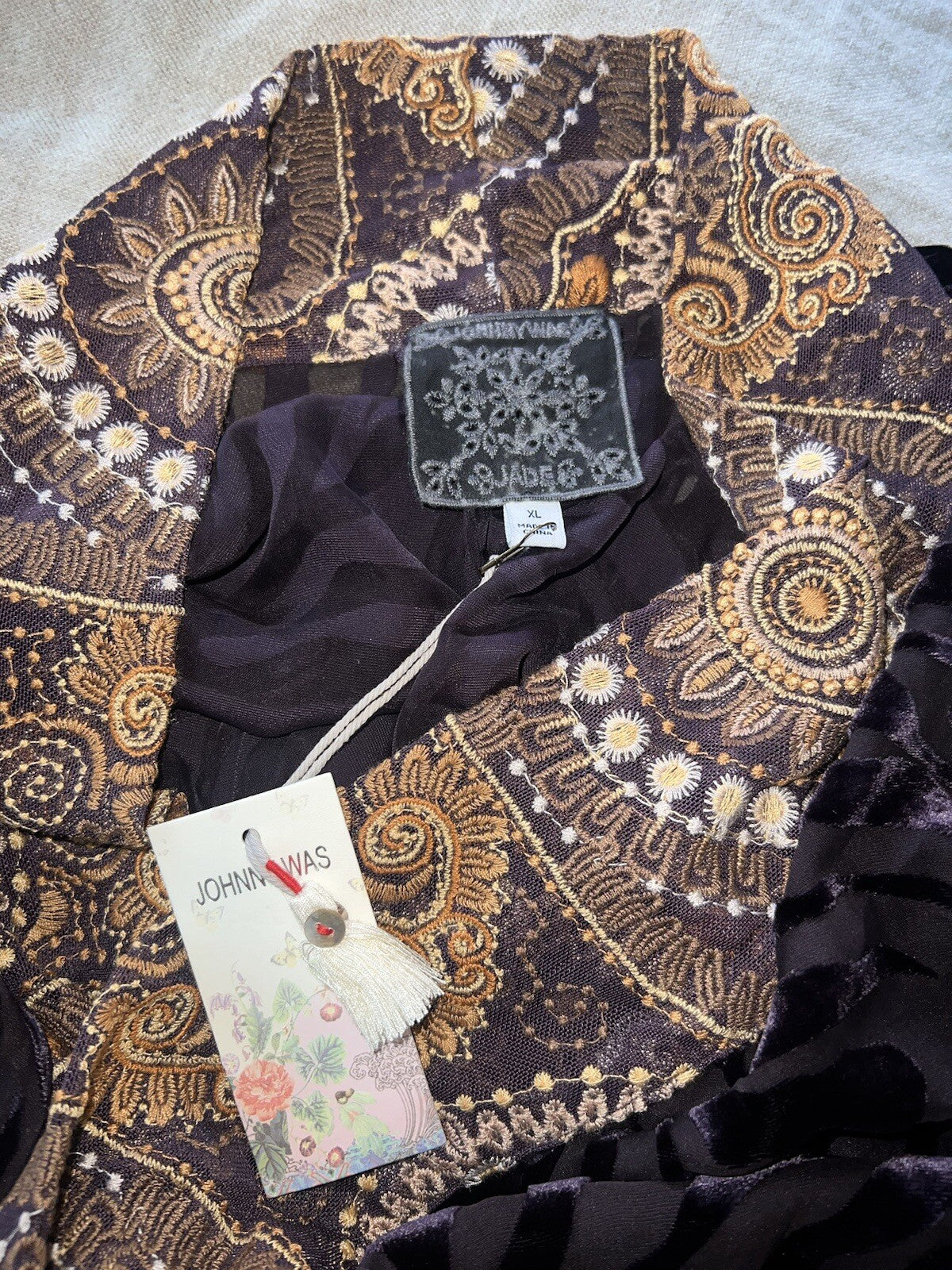 Johnny Was XL Burnout Velvet Long Kimono Duster Wrap Deep Eggplant Zebra & Gold Johnny Was