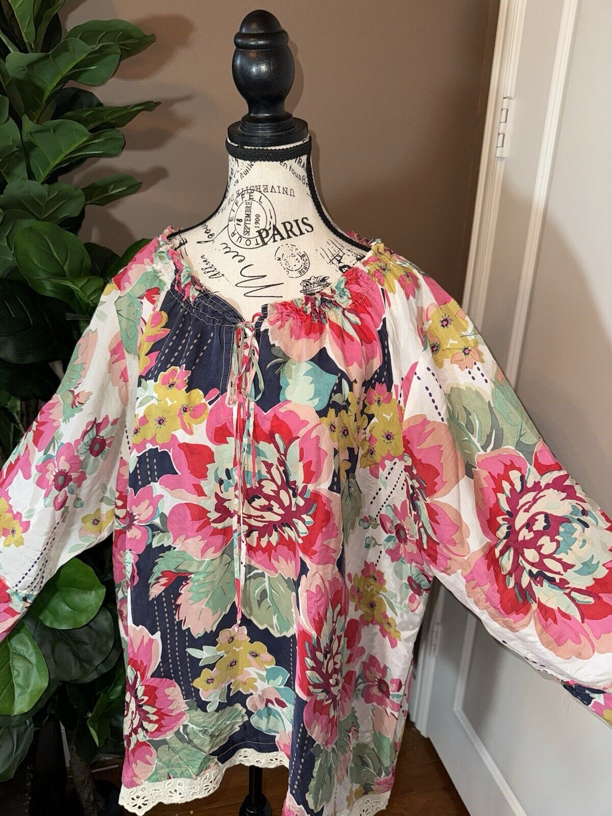 Johnny Was 3X 3XL 100% Silk Tunic Top Kimono Blue & Pink Floral Peasant RARE