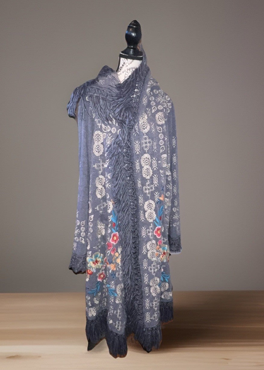 Johnny Was M Sweater Hoodie Coat Jacket Wrap Pockets Fringe Embroidered Johnny Was