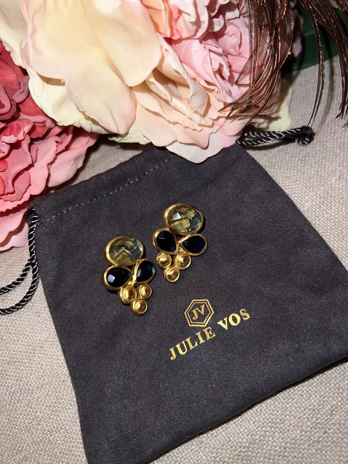 Vintage Julie Vos Statement Earrings Deep Blue & Peridot Green 24k Gold Plated