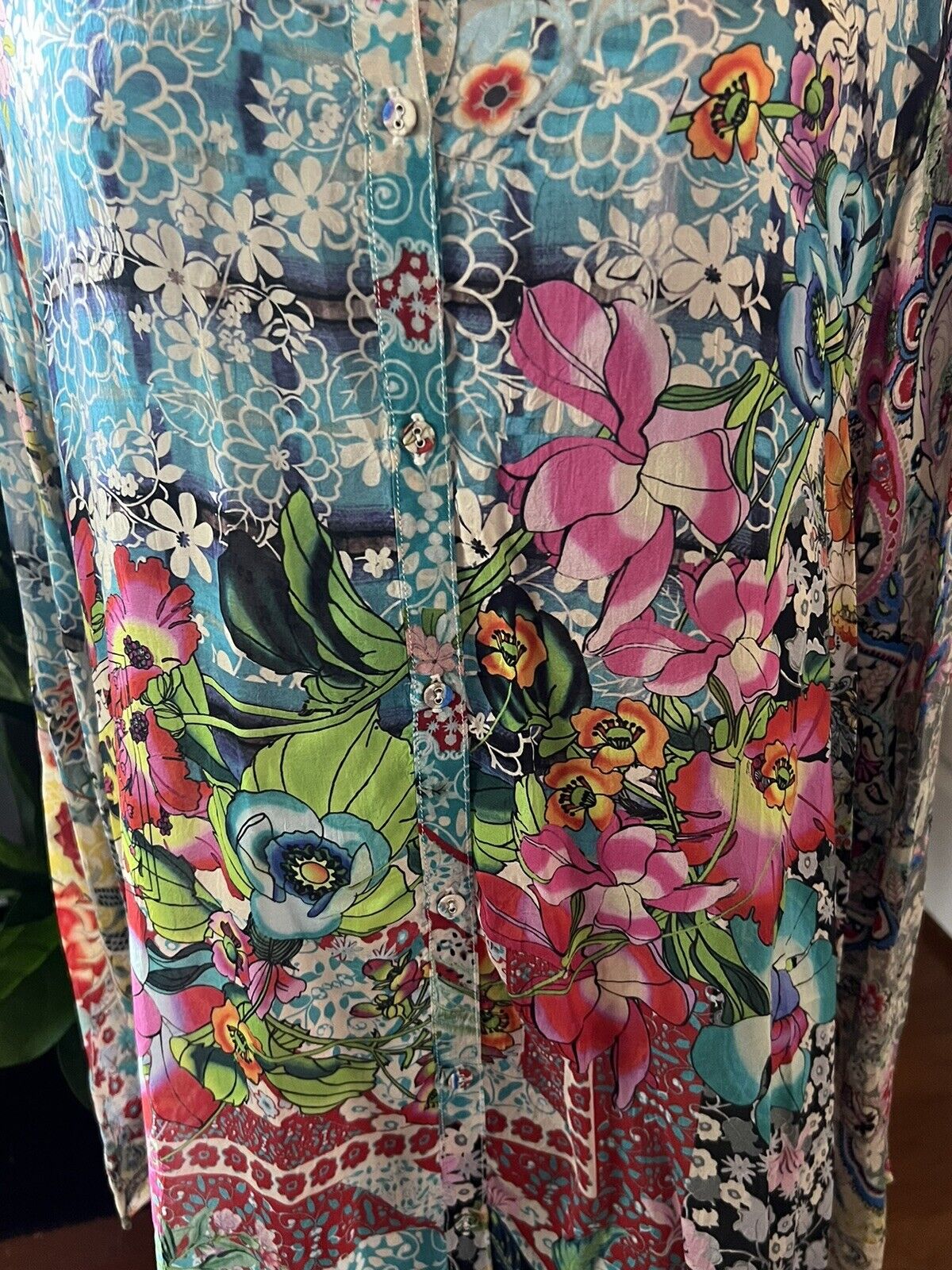 Johnny Was 3X Silky Blouse Top Long Sleeve Shirt Button Up Gorgeous Floral Tunic