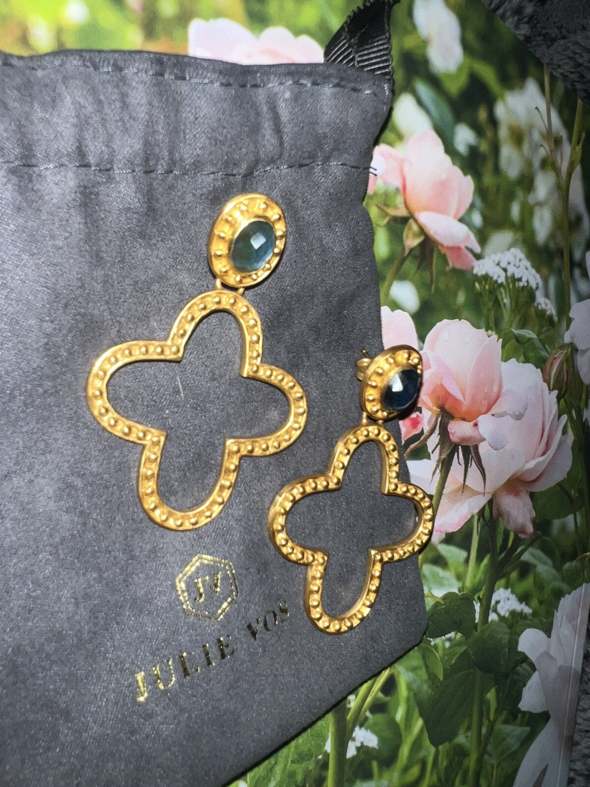 Julie Vos 24k Gold Plate & Blue Stone Cross Statement Earrings WOW Julie Vos