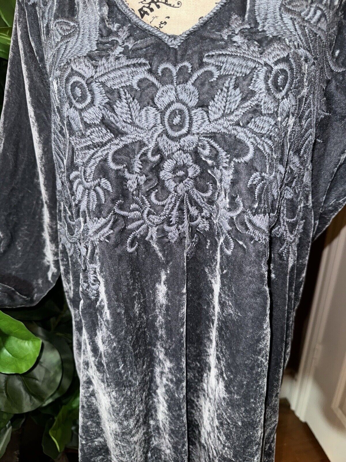 Johnny Was Grey Velvet Tonal Embroidered Mini Dress Or Tunic Top L Large