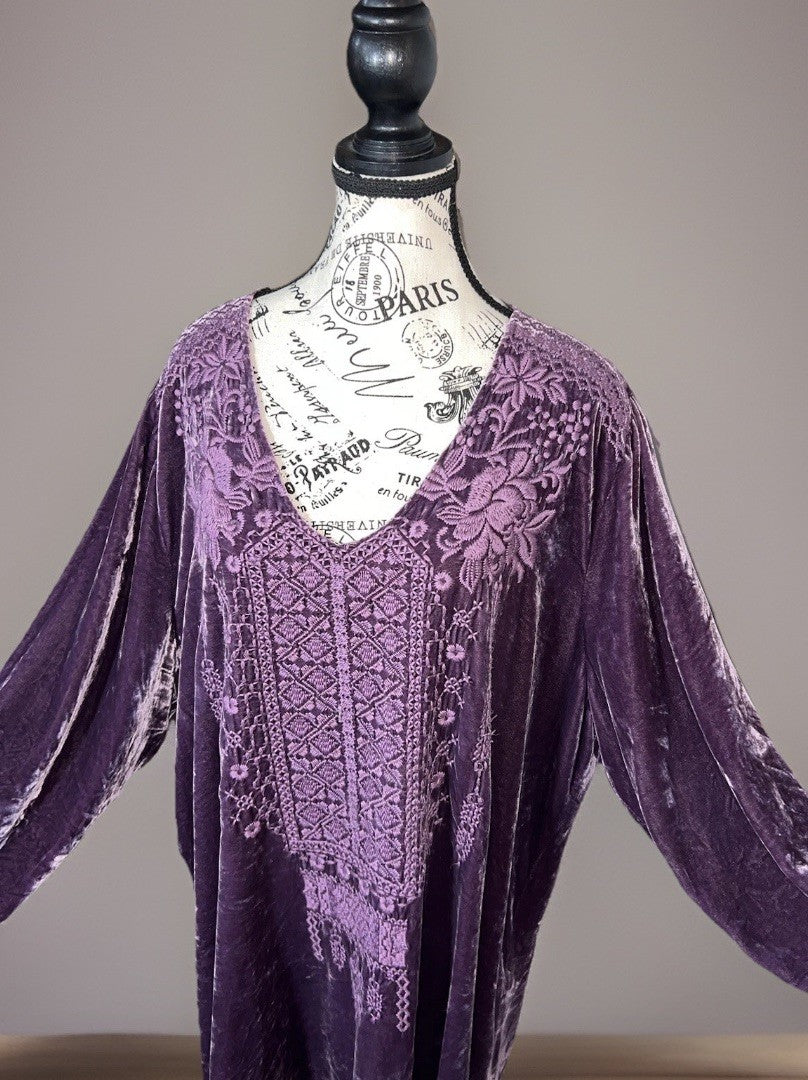 Johnny Was XL Purple Plum Velvet Tunic Top BOHO Mini Dress Tonal Embroidery Johnny Was
