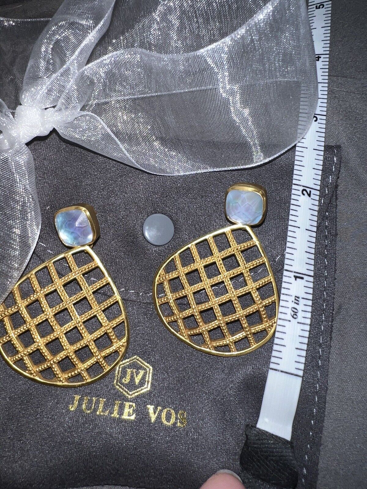 NEW Julie Vos Iridescent Calcedony Basketweave Statement Earrings NWOT