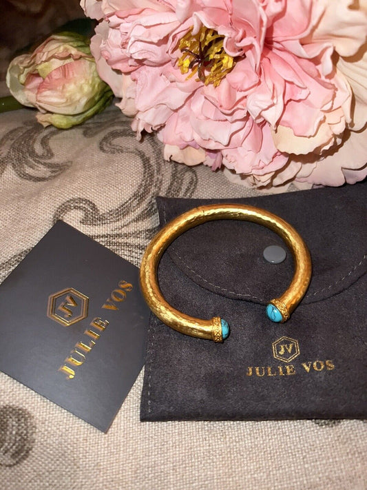 NEW Julie Vos Hinged Bangle Bracelet Blue Turquoise 24k Gold Plated NWOT