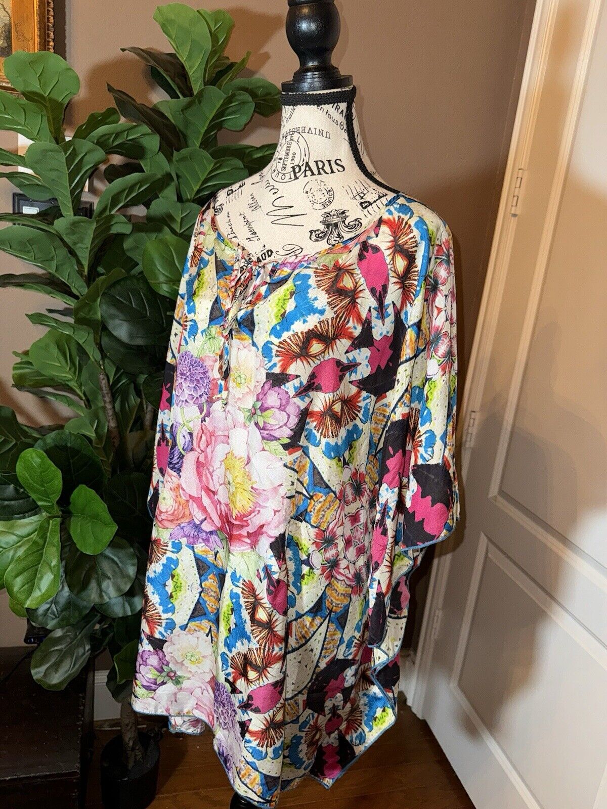 Johnny Was 3X 3XL 100% Silk Poncho Tunic Top Kimono Wrap Pink Floral