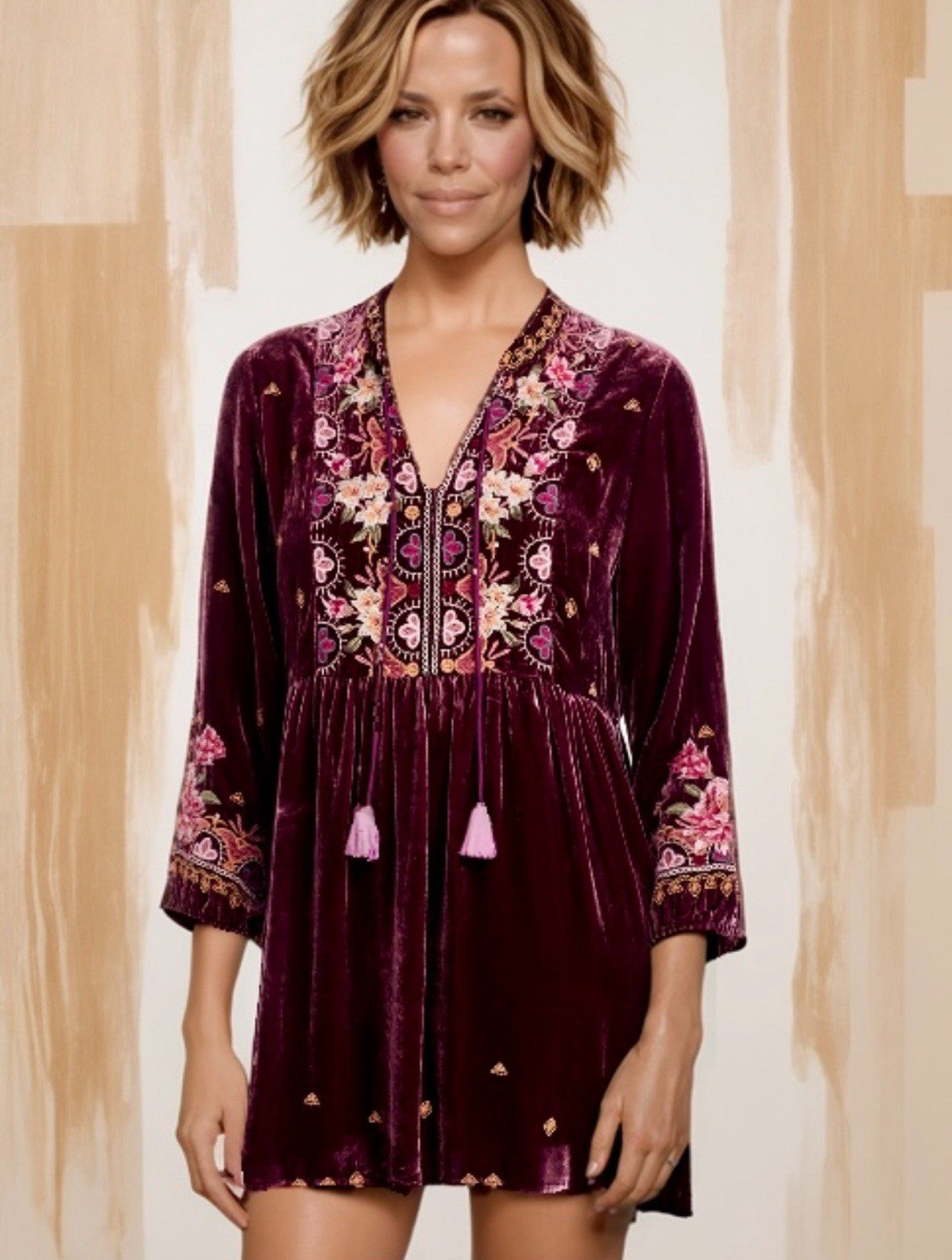 Johnny Was 1X Plus Burgundy Velvet Mini Shift Dress Peasant Tunic Embroidery Johnny Was