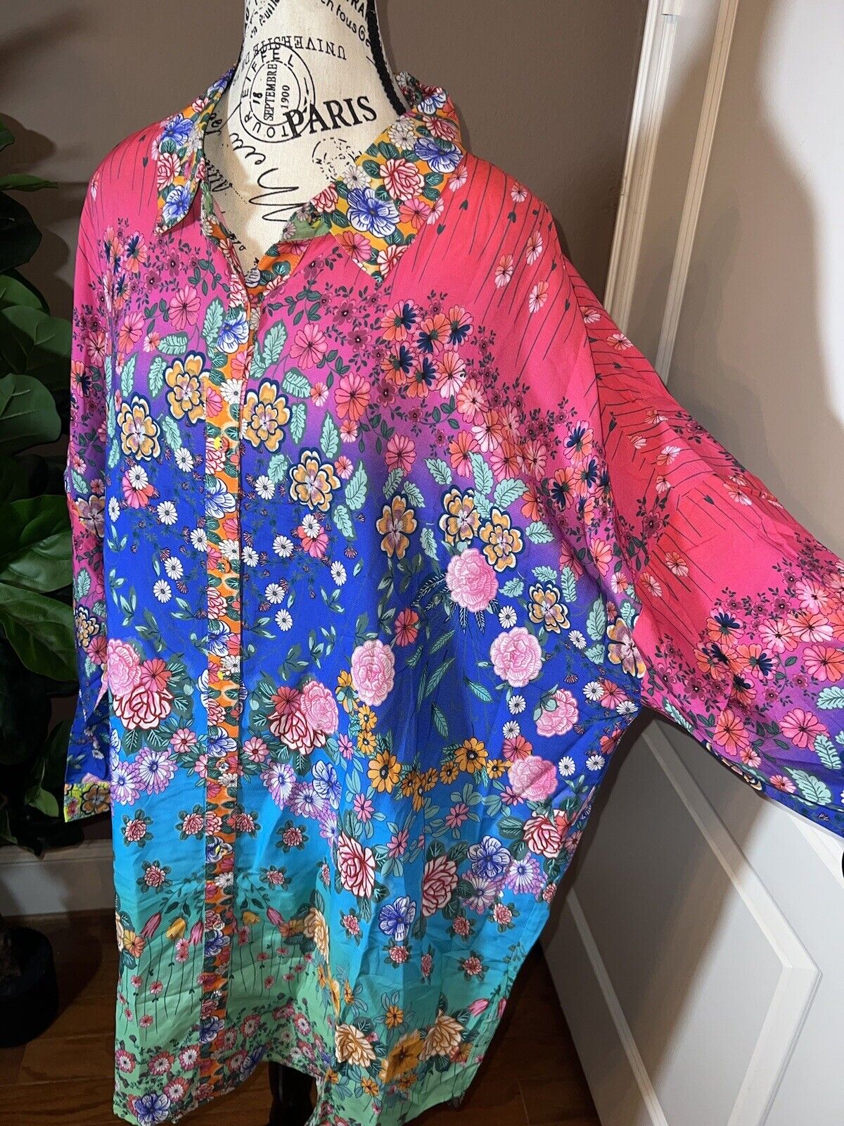 NEW Johnny Was Silky Tunic Top Long Button Down Shirt BEAUTIFUL NWOT sz XL