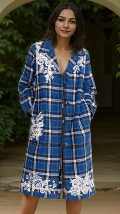 Johnny Was L Large Blue Plaid Trench Coat Jacket MIDI Embroidered Dragon Johnny Was