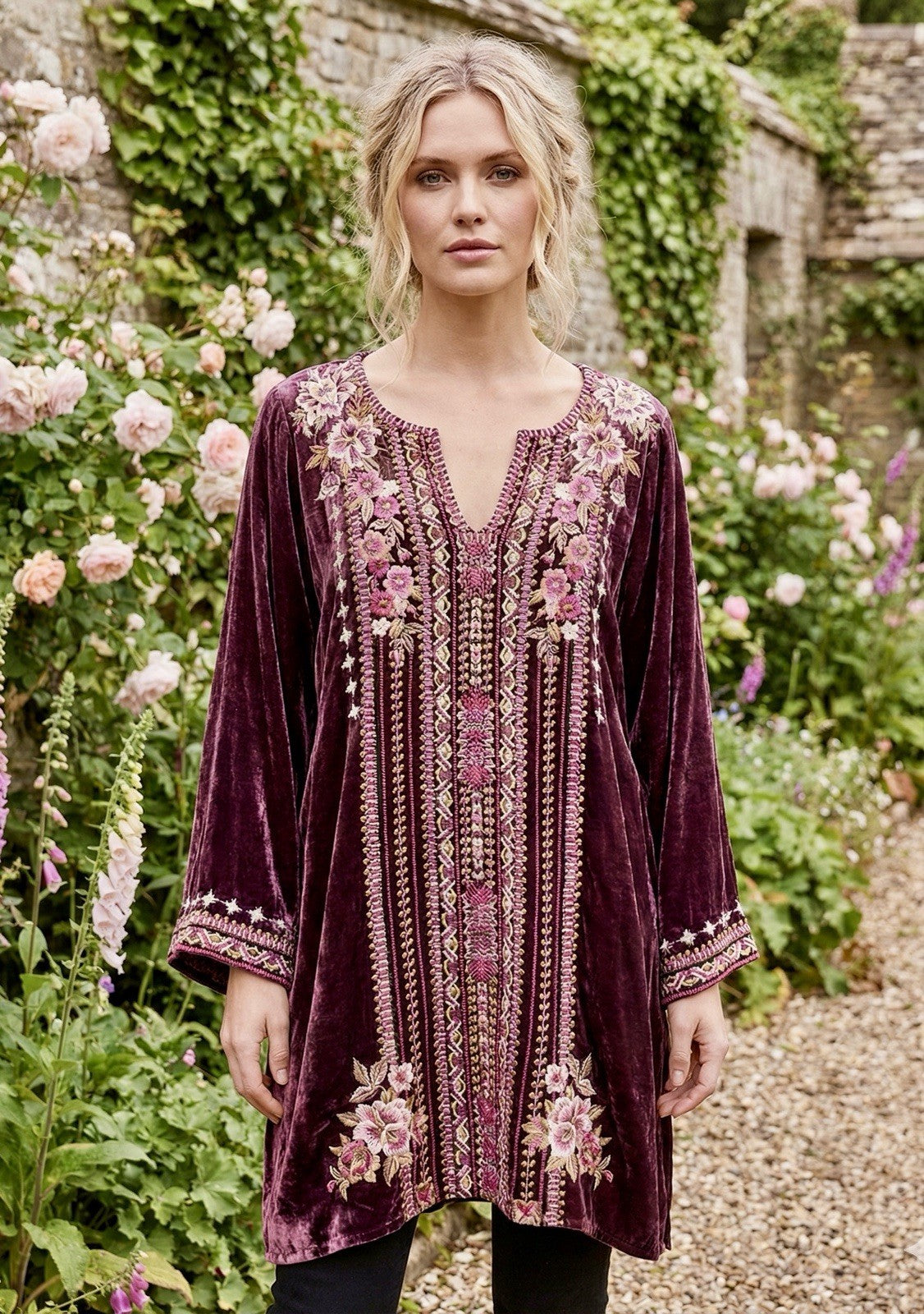 Johnny Was XL Wine Velvet Peasant Blouse Embroidered Tunic Top Kimono Sleeve Johnny Was