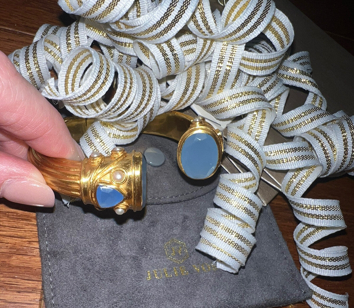 Julie Vos Blue & Pearl 24k Gold Plated Large Hinged Cuff Bangle Bracelet Julie Vos