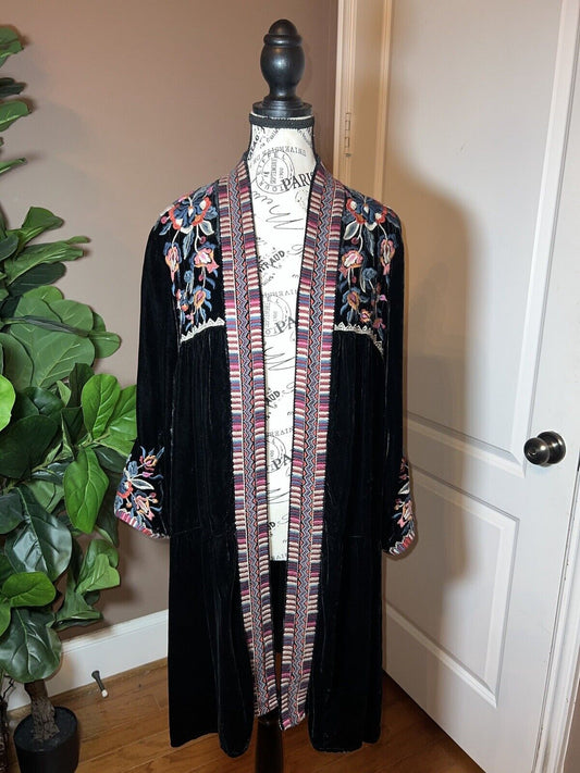 Johnny Was Velvet Kimono Wrap Jacket M Medium Black Embroidery Duster Oversized