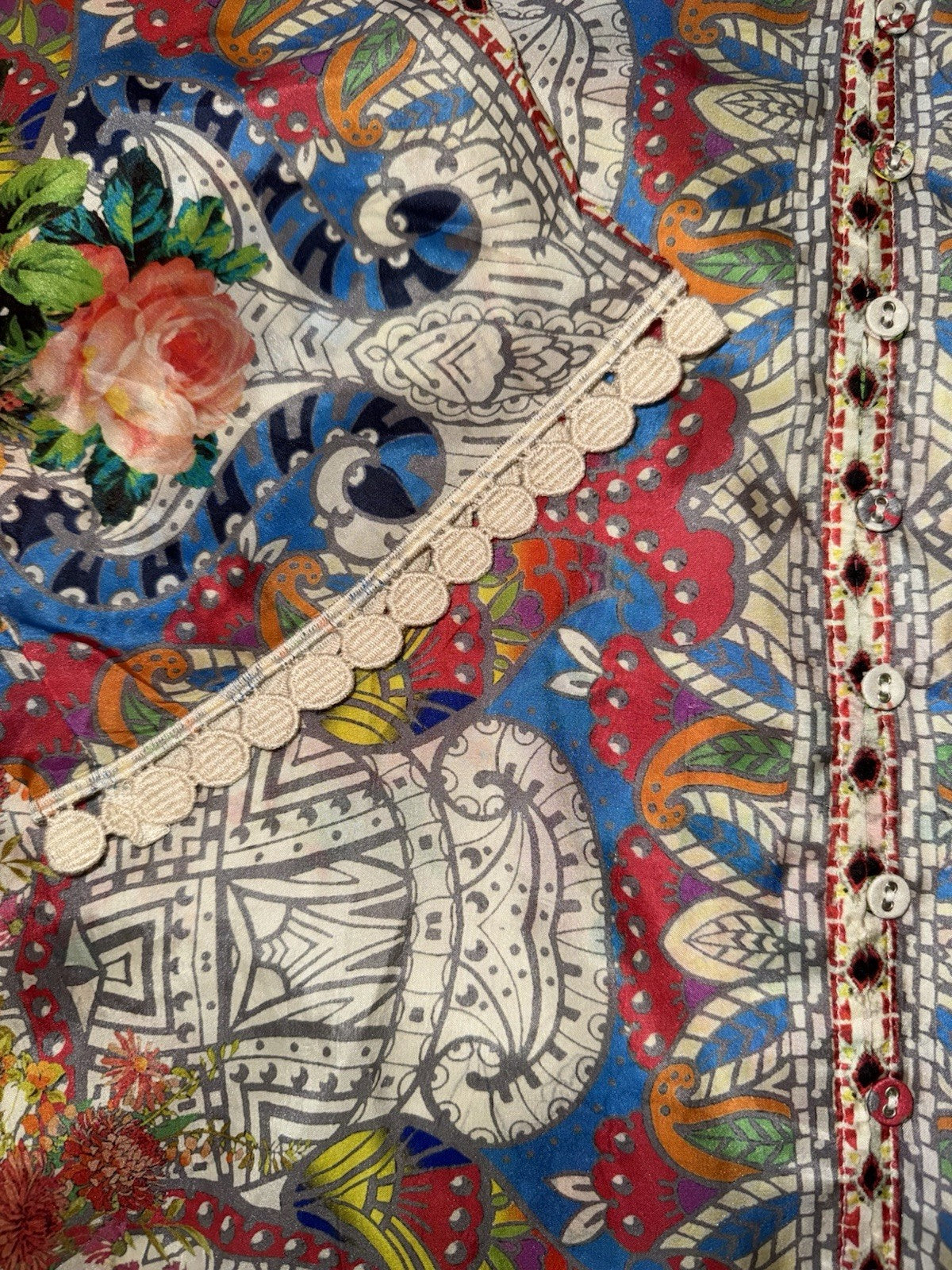 Johnny Was L Large 100% Silk Blouse Tunic Top Shirt Lace Hem Button Up Johnny Was