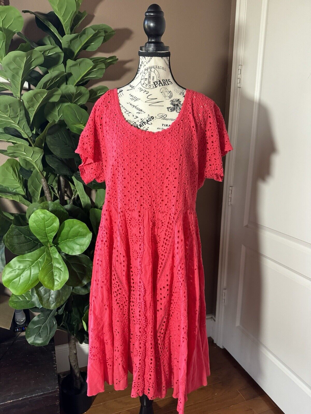 Johnny Was Sz 1X XL Red Dress & Slip Eyelet Lace Knee Length Mini Dress SO CUTE