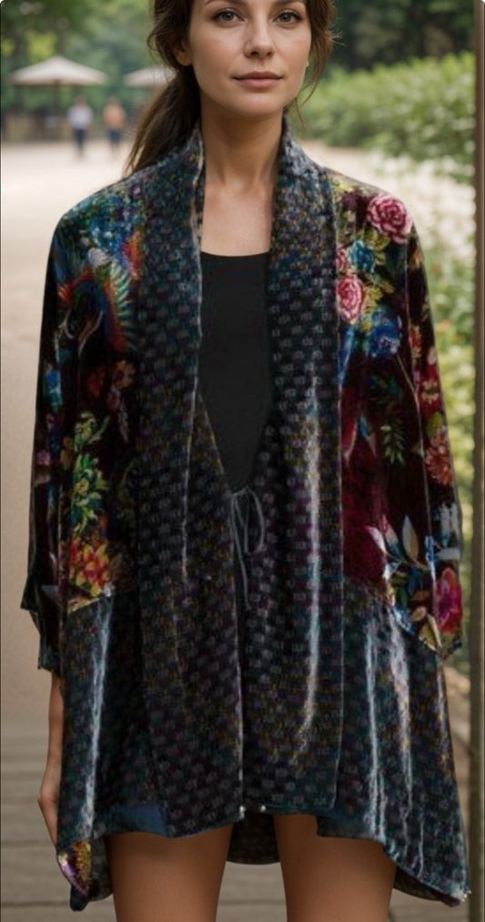 Johnny Was XXL Plus Velvet Kimono Wrap Jacket Duster Rich Colors BOHO Johnny Was