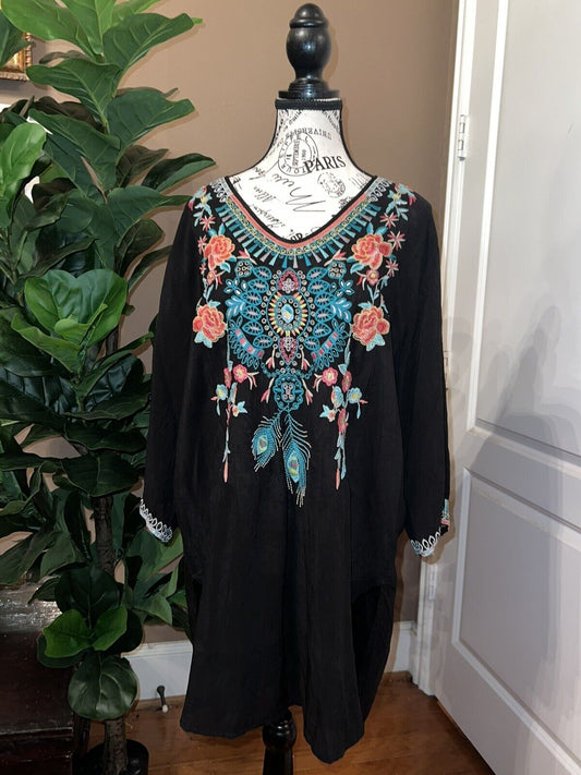 Johnny Was Silky Tunic Top Embroidered Black Sz XL  Kimono Look Blouse