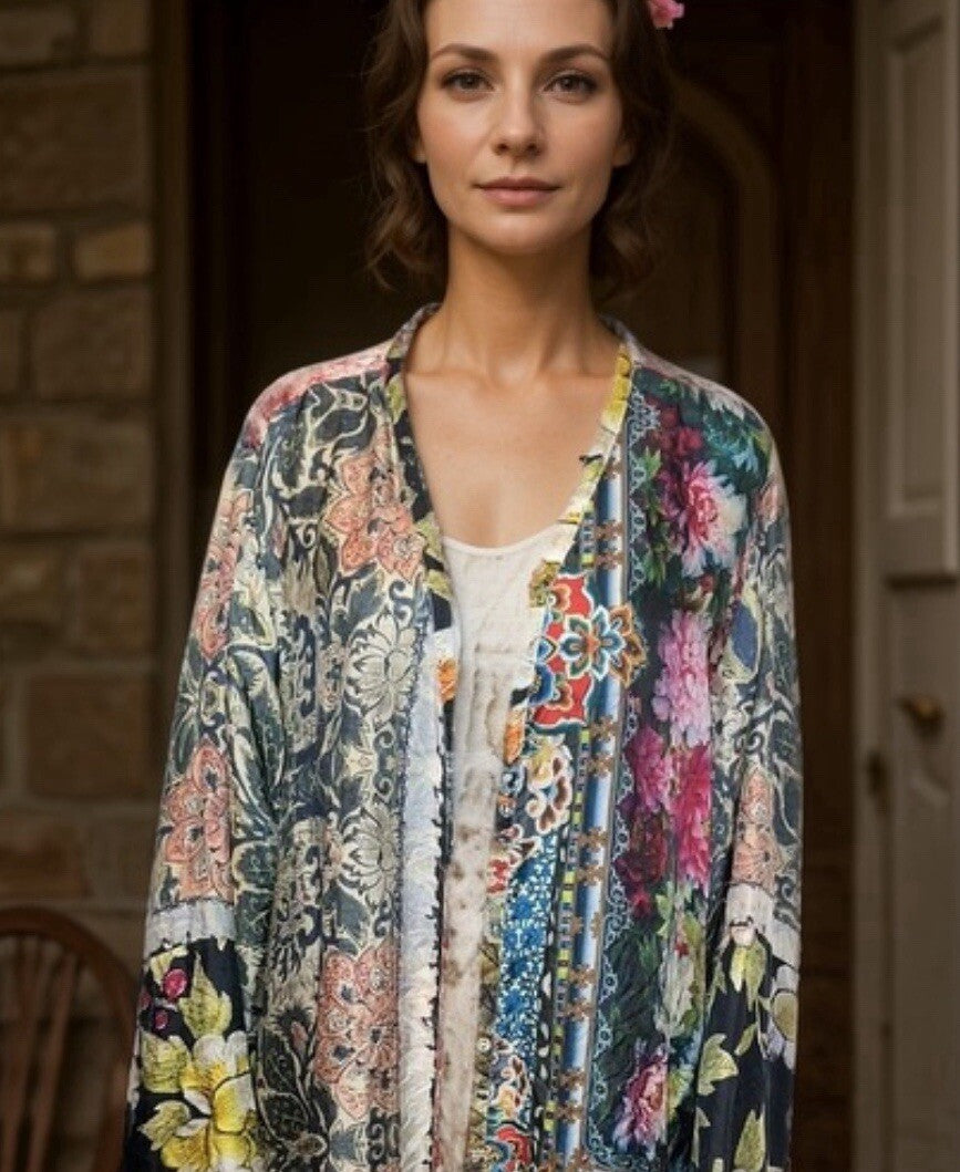 Johnny Was Large 100% Silk Kimono Cherry Blossoms STUNNING BACK Button Up Blouse Johnny Was