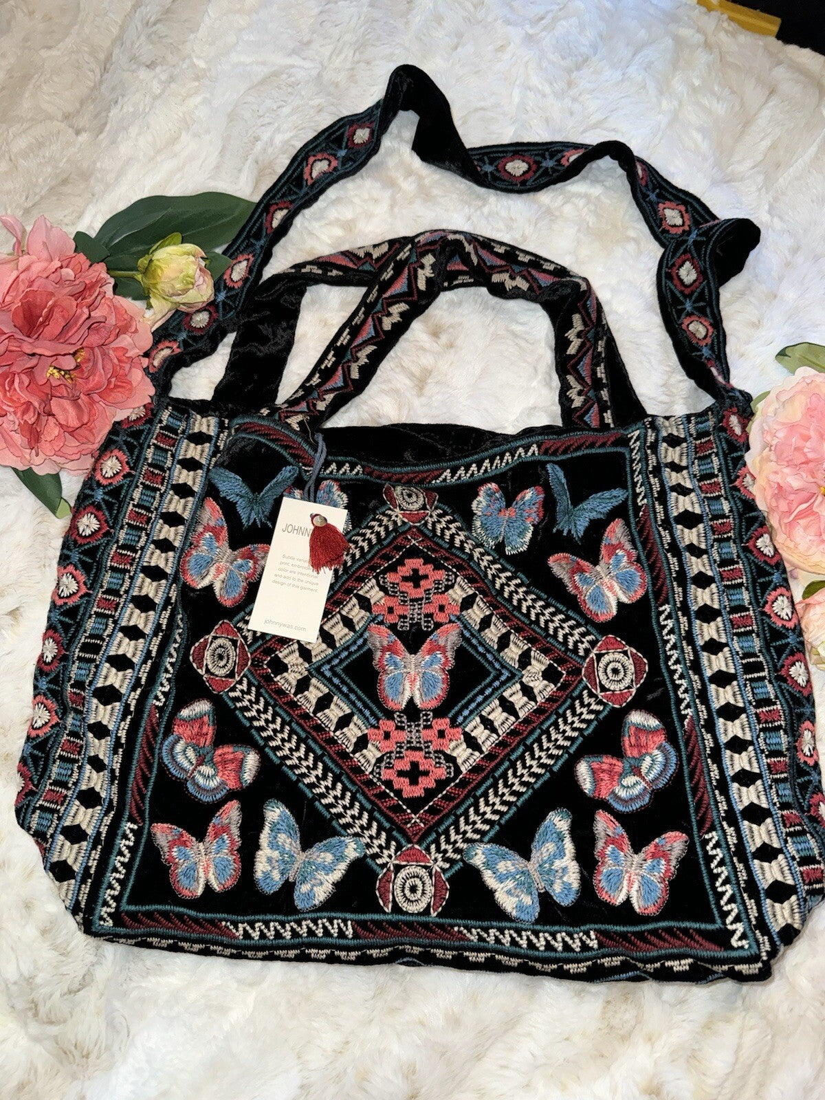 Johnny Was Large Black Velvet Hobo Bag Tote Purse Embroidered Crossbody Johnny Was