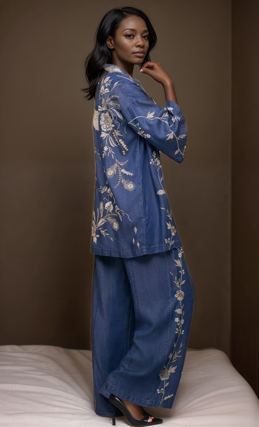 Johnny Was 2pc Set Denim XL Kimono & L Wide Leg Pants Embroidered Crane RARE