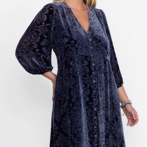Johnny Was 3X Midnight Blue Velvet Burnout Shift MIDI Dress Lightweight Cool Johnny Was