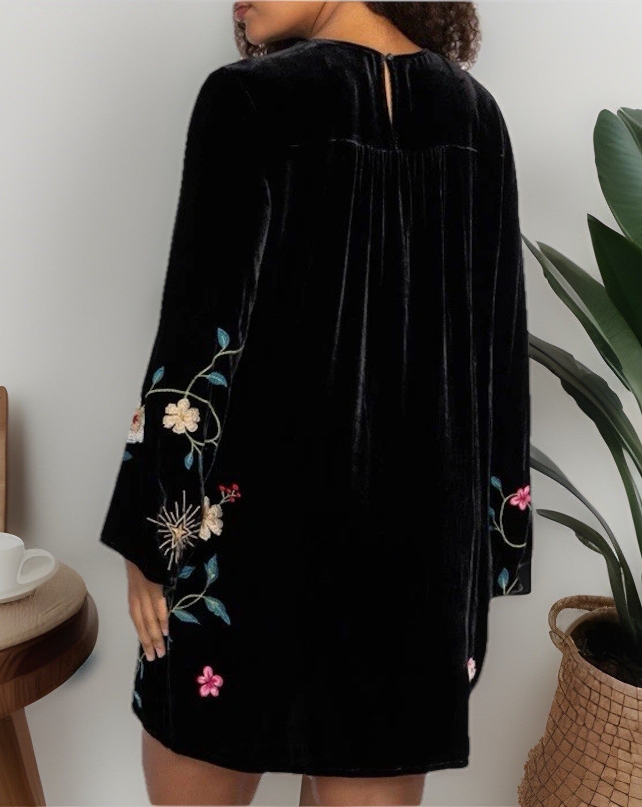 Johnny Was XL Black Velvet Shift Mini Dress Floral Tunic Kimono Sleeves BOHO Johnny Was