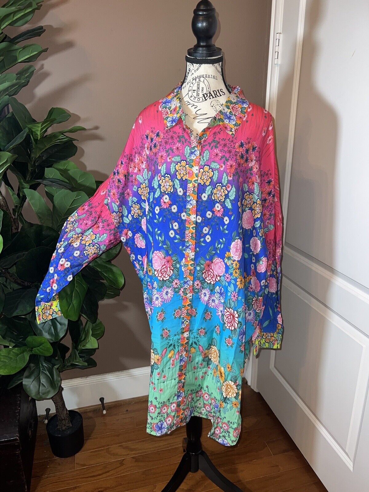 NEW Johnny Was Silky Tunic Top Long Button Down Shirt BEAUTIFUL NWOT sz XL