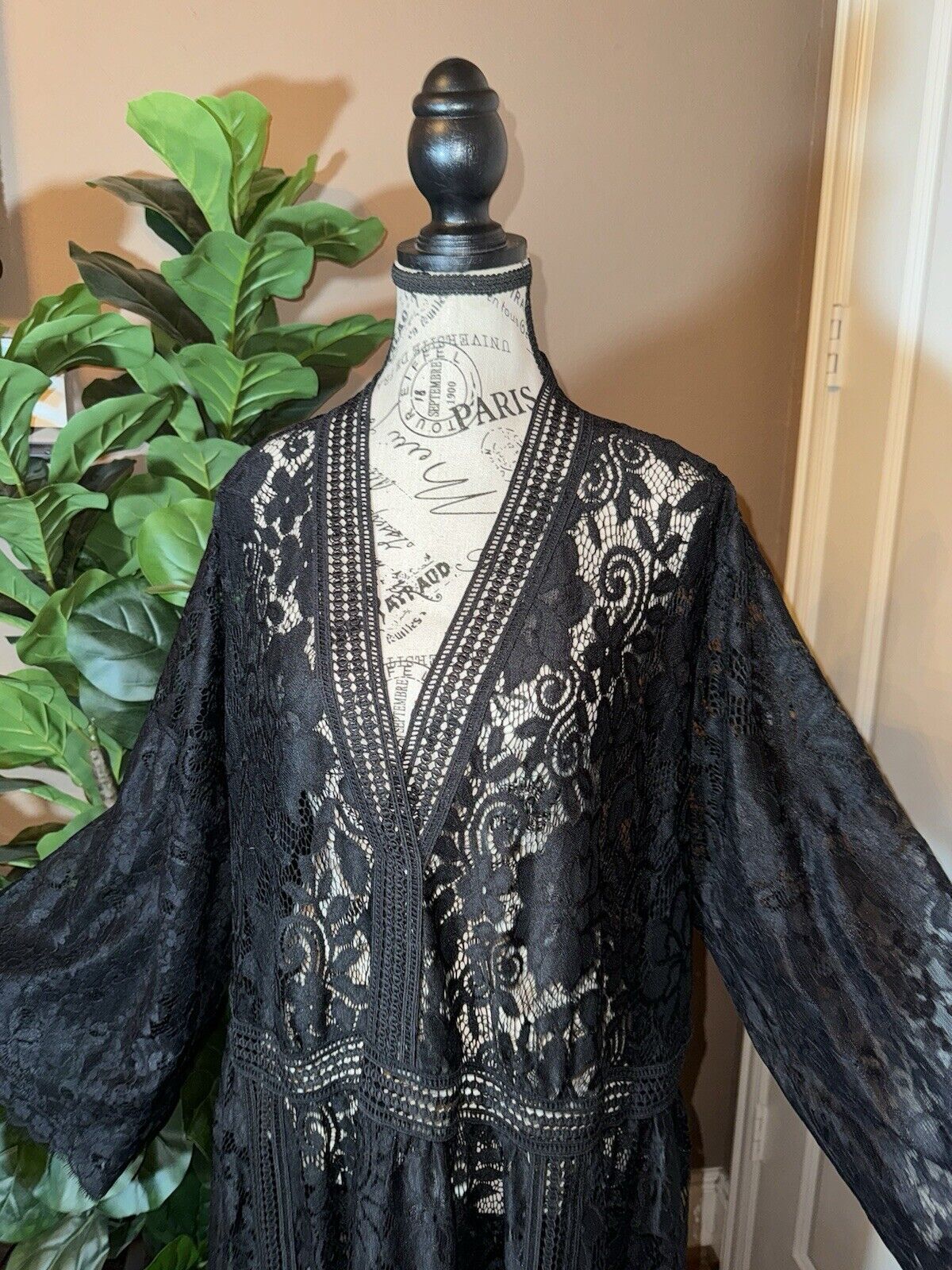 Johnny Was Large Black Lace Long Maxi Dress Kimono Sleeves Empire Waist