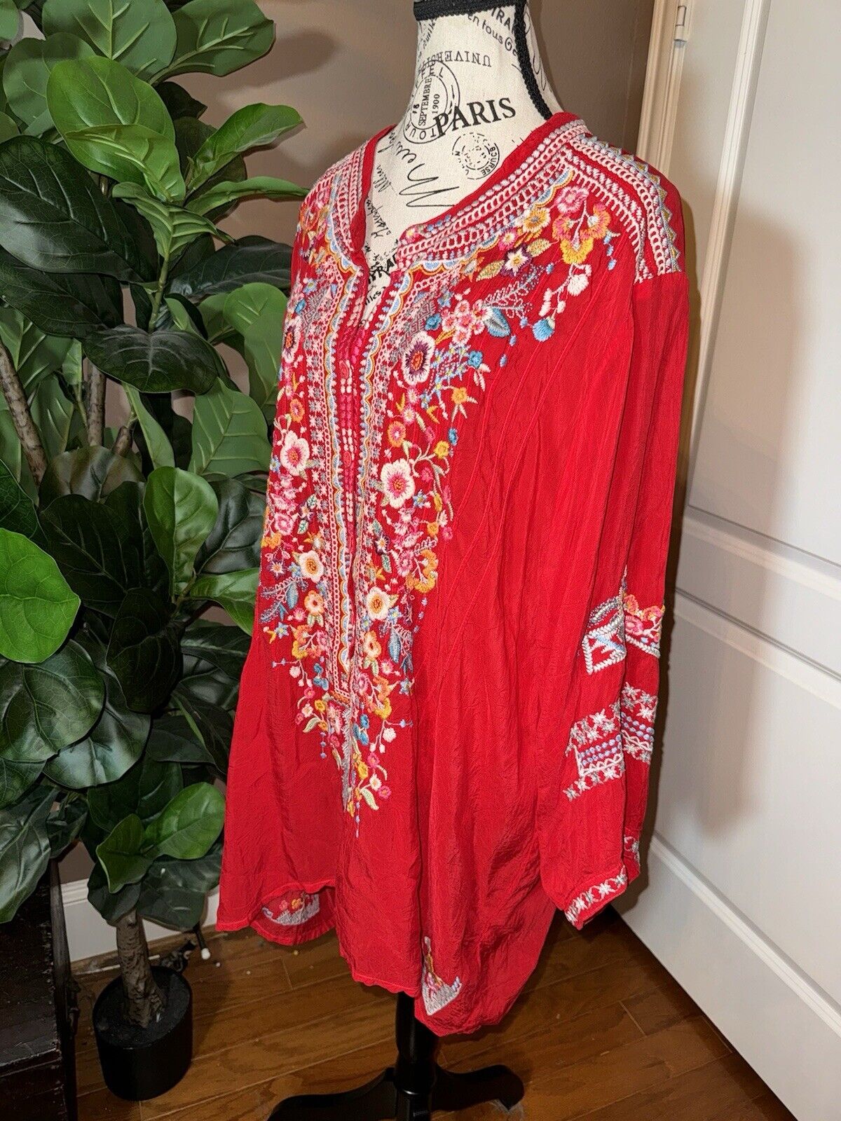 Johnny Was 3x 3XL Tunic Top Red Silky Handkerchief Hem Peasant Blouse