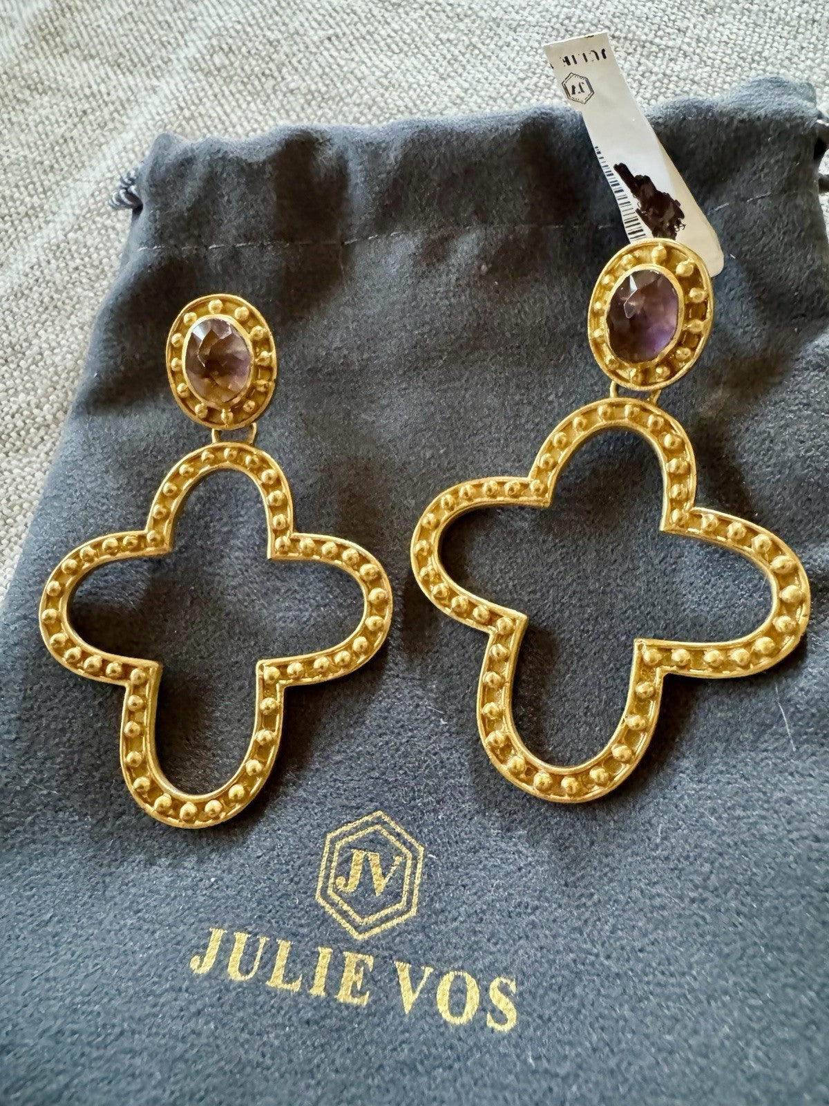 Julie Vos Plum Wine Purple Cross Statement Earrings 24k Gold Plated RETIRED Julie Vos