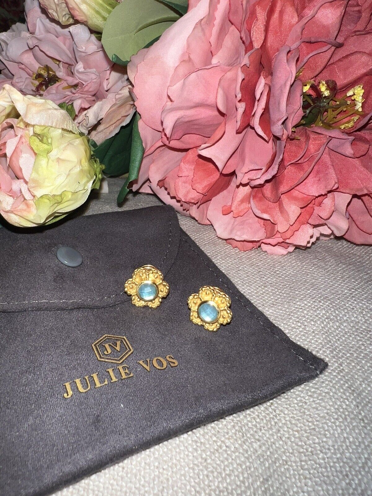 Julie Vos Iridescent Blue Stud Flower Earrings 24k Gold Plated   CLASSIC