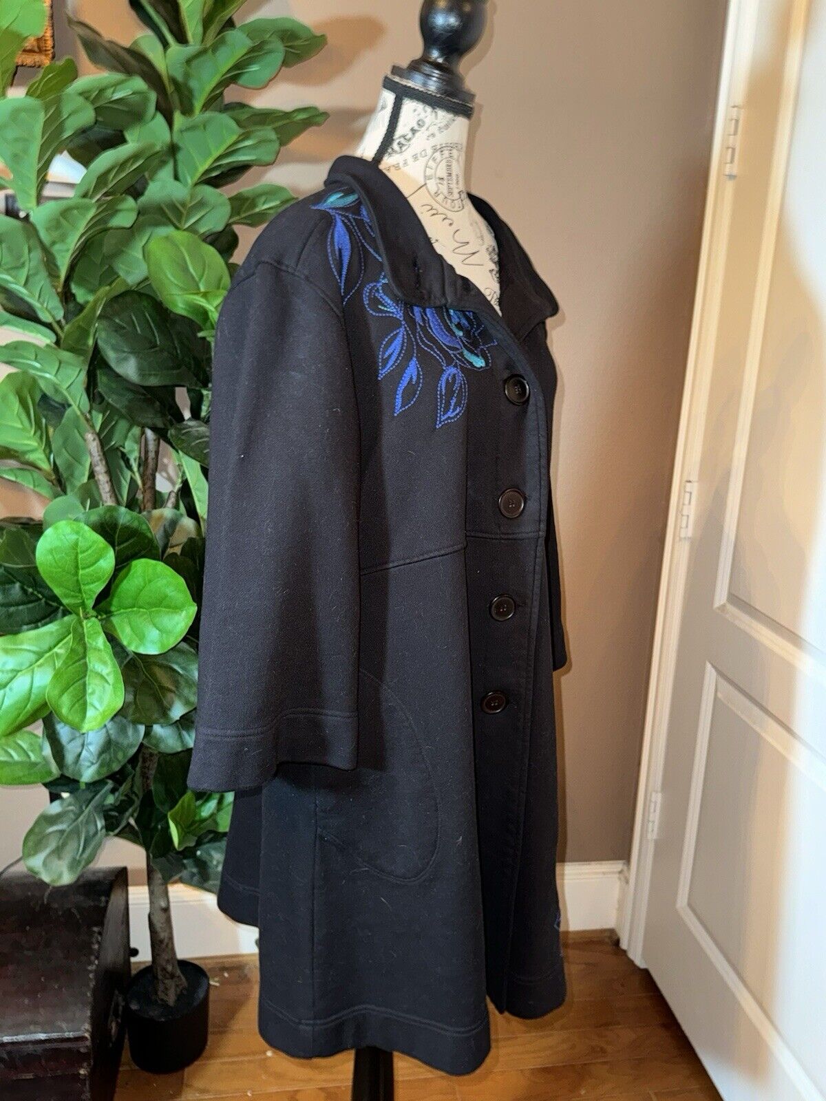 Johnny Was Military Trench Coat Jacket Sz XL 1X Black W/ Embroidery  Soft