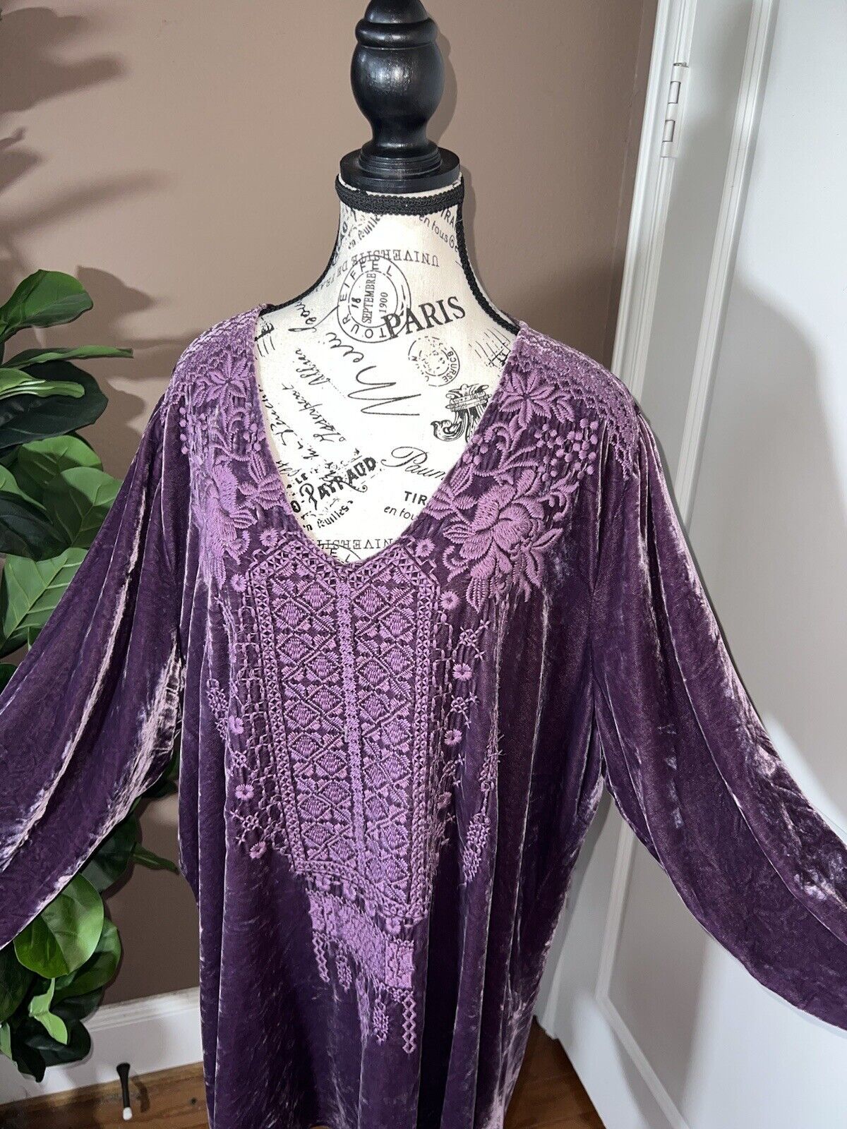 Johnny Was Purple Lavender Velvet Tunic Top Mini Dress Embroidered Sz XXL 2X 2XL