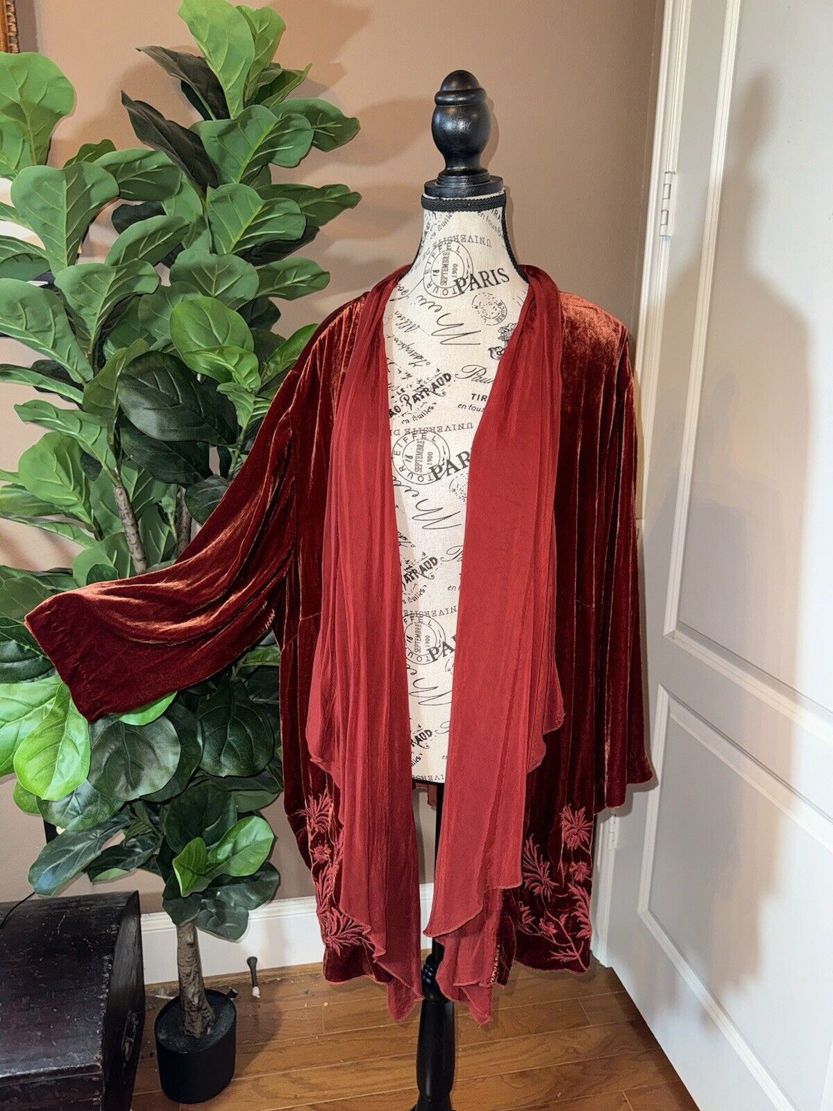 Johnny Was 3X Wine Red Velvet & Silk Kimono Wrap Embroidered Cardigan Jacket