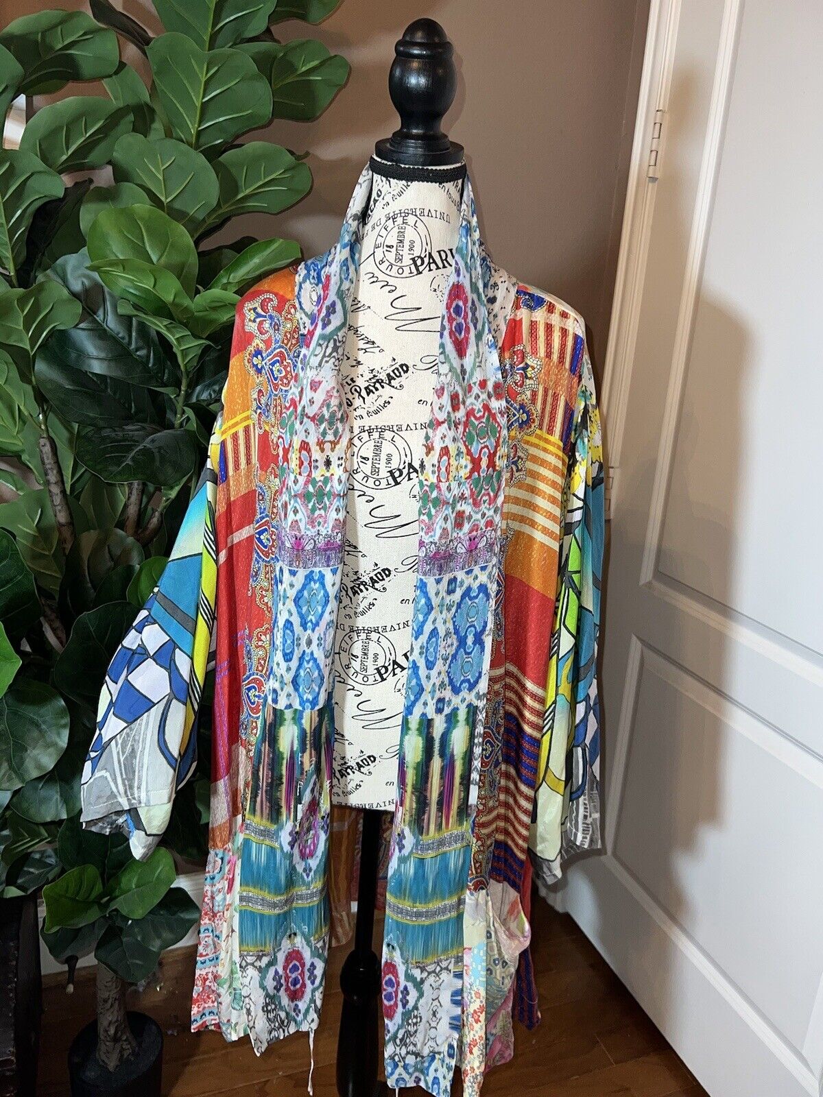 Johnny Was L Large 100% Silk Kimono Wrap Jacket Cardigan Duster Colorful