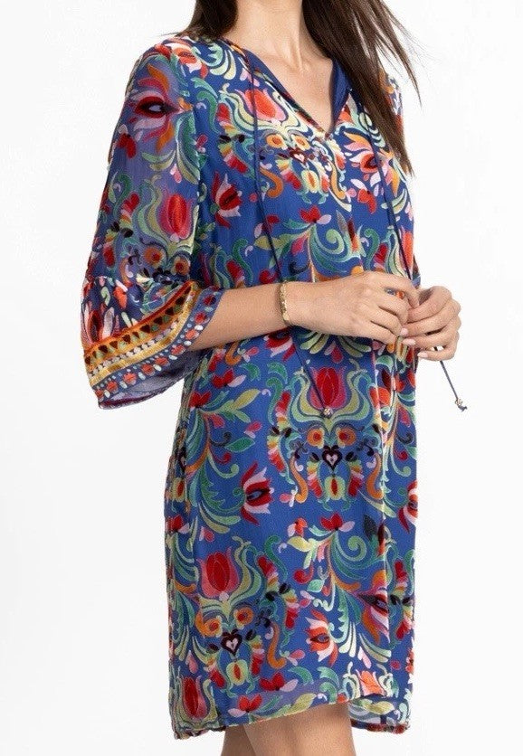 Johnny Was XXL Burnout Velvet Blue & Red Mini Shift Dress Silk Lining $388 Johnny Was