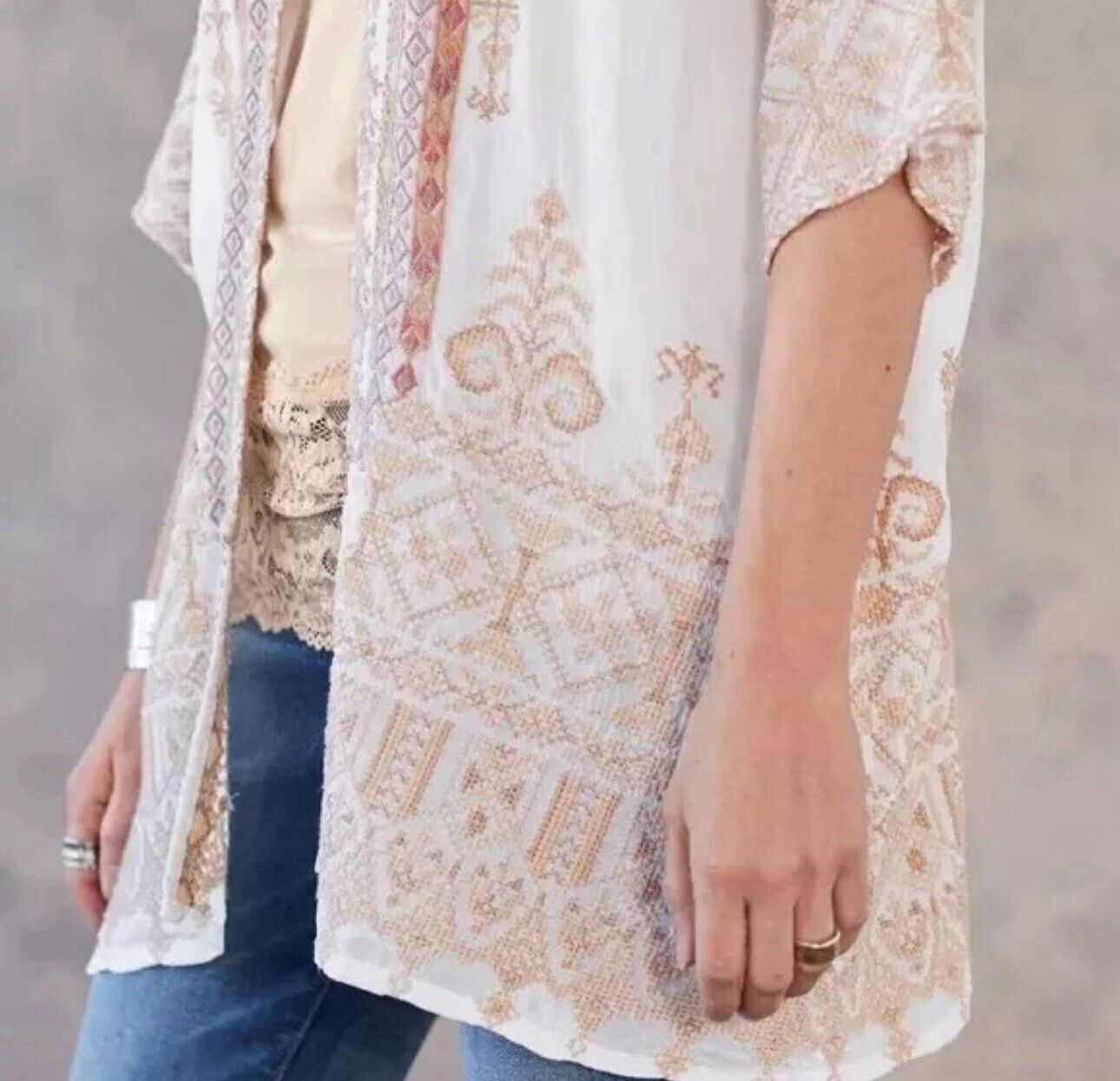 Johnny Was XXL 2X Silky White Kimono Heavily Embroidered BOHO Pockets Roses