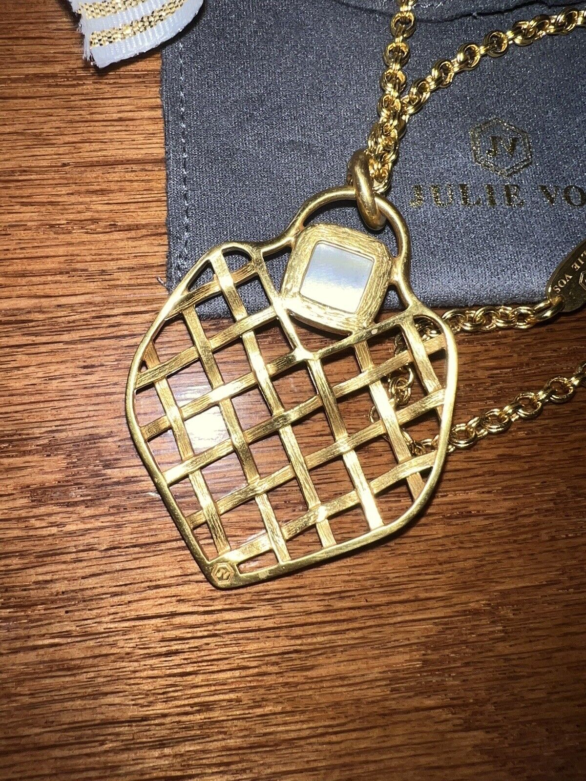 Julie Vos NECKLACE Basketweave 24k Gold Plate Pendant Iridescent Blue/Green