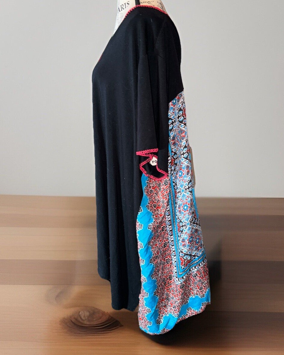 Johnny Was 3x Black Tee Shirt Blue & Red Silk Panel Back Tunic Top Tshirt BOHO Johnny Was