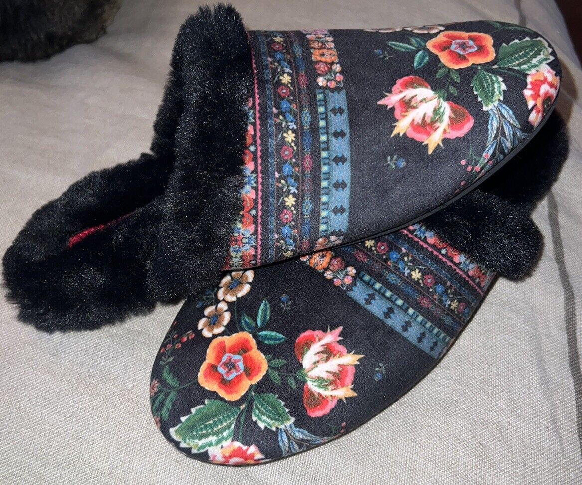 Johnny Was Black Faux Fur Floral Slippers sz 9 NWOB