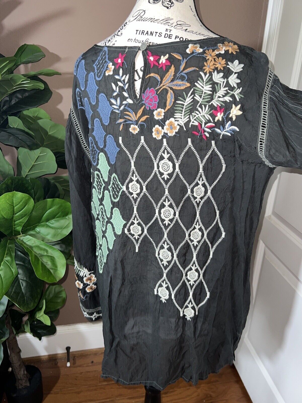 Johnny Was Silky Floral Heavily Embroidered Tunic Top Mini Dress L  Kimono