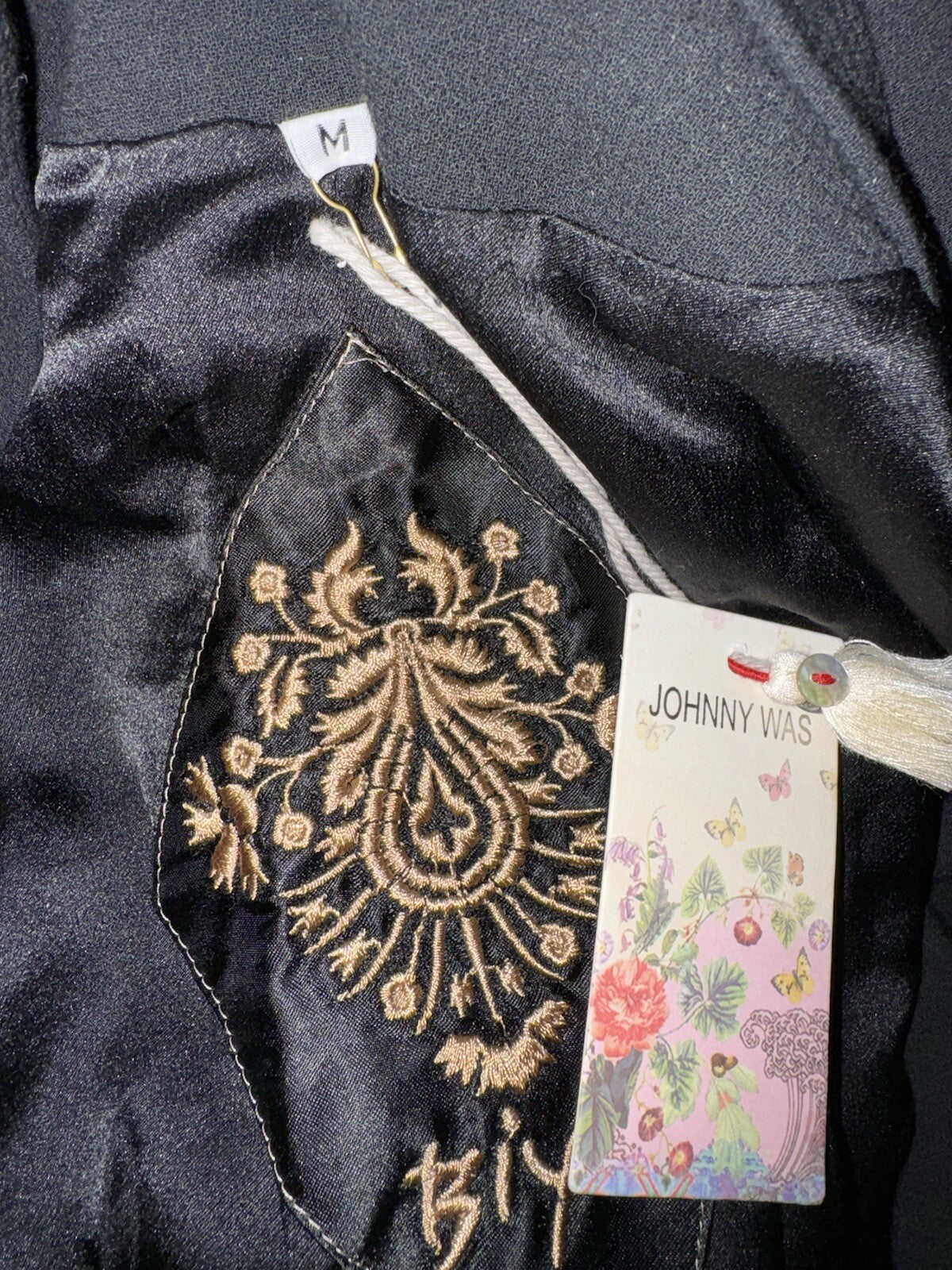 Johnny Was M Black Wool Blend Dressy Coat Silk Lining Jacket Satin Accents Johnny Was