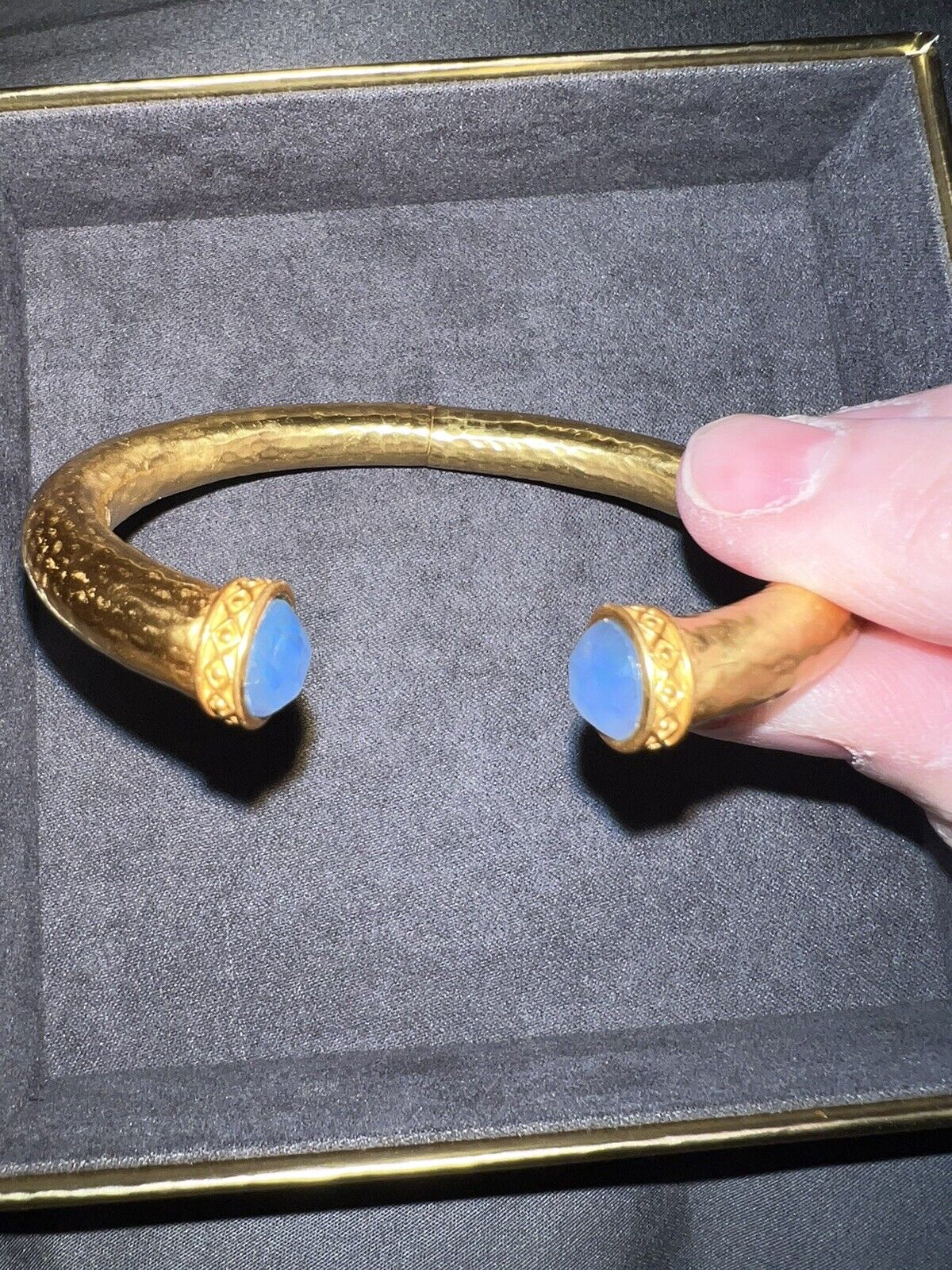 Julie Vos Hinged Bangle Bracelet Blue Iridescent Glass 24k Gold Plated