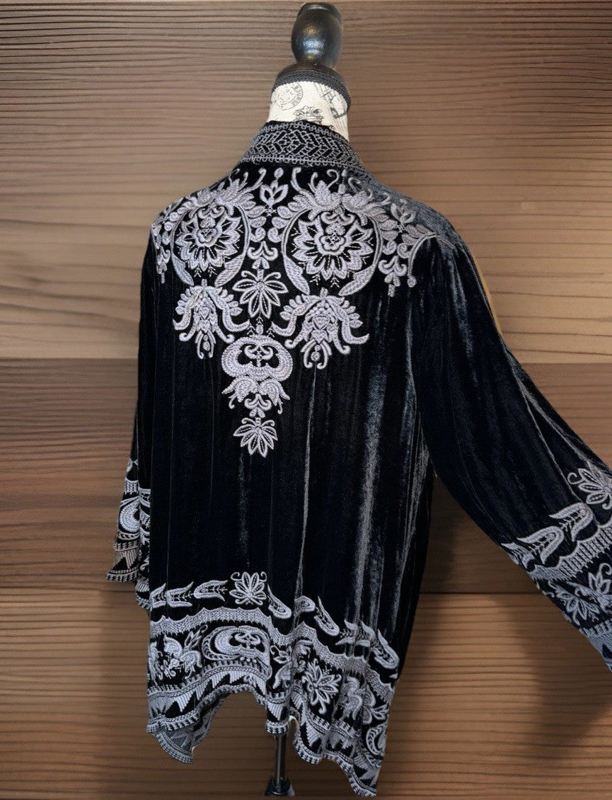 Johnny Was XL Black Velvet Kimono Duster  Cardigan Embroidery Handkerchief Hem Johnny Was