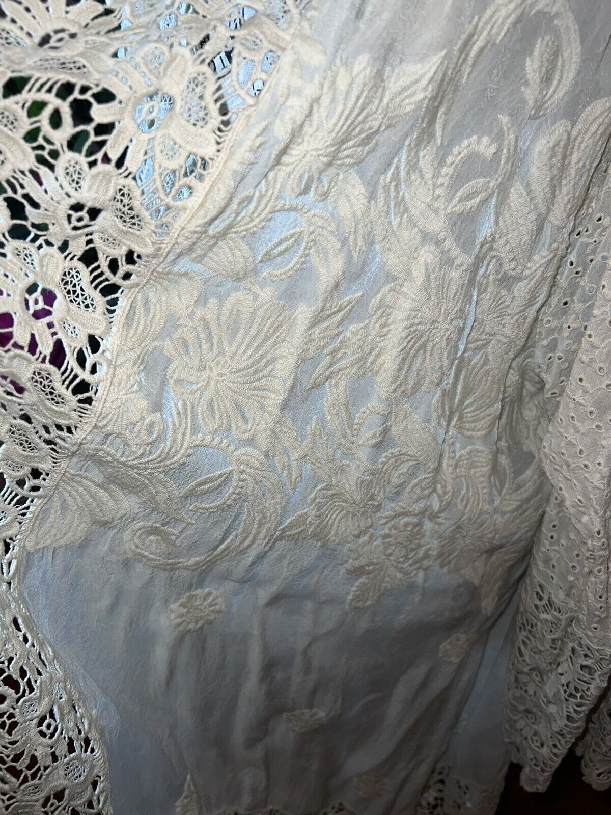 Johnny Was Ivory Silky Embroidery & Lace Kimono Beach Wedding Wrap XL OVERSIZED