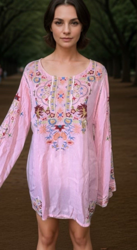 Johnny Was Pink L Tunic Top Embroidered Lightweight Cool Kimono Sleeves Johnny Was