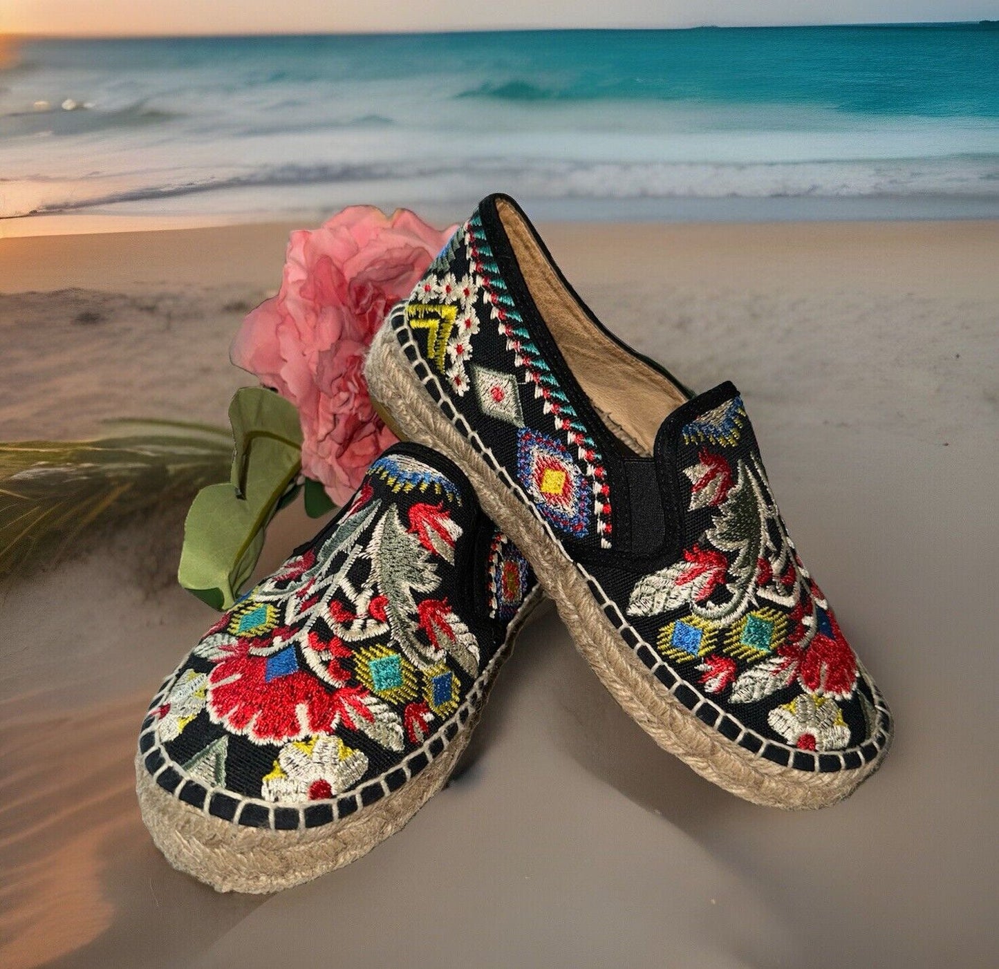 Johnny Was Black Floral Embroidered Espadrilles Sz 37 US 7  Worn Once!