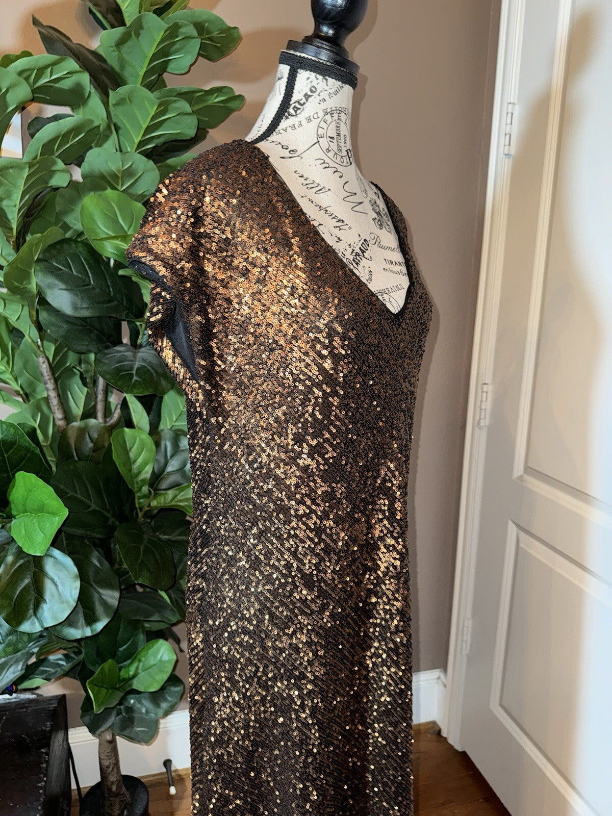 Johnny Was Gold L Large Sequin Maxi Dress Long Flowy Mesh Slip Sequins Party Johnny Was