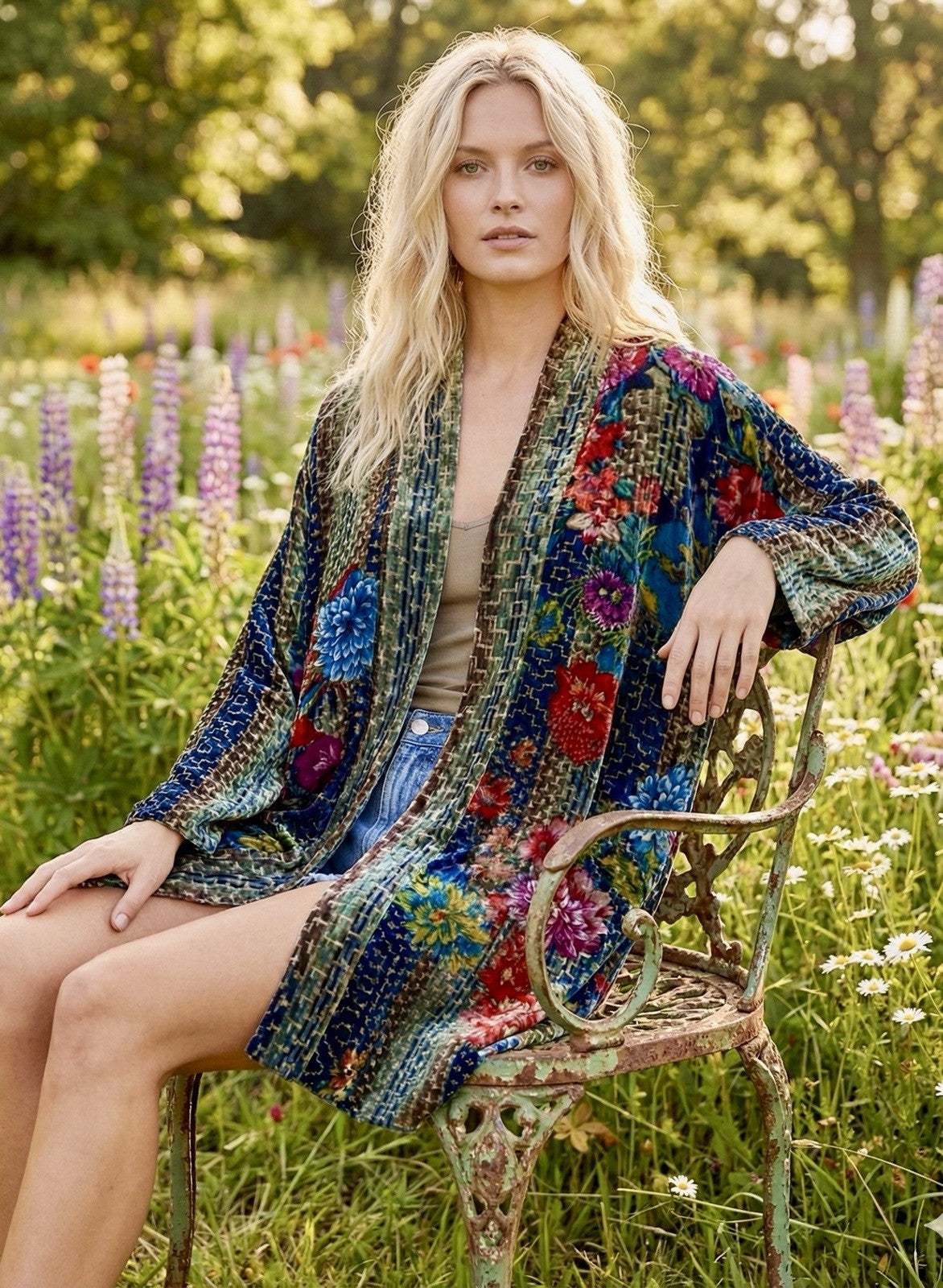 Johnny Was XXL Plus Velvet & Silk Kimono Wrap Jacket Cardigan Duster Floral Johnny Was